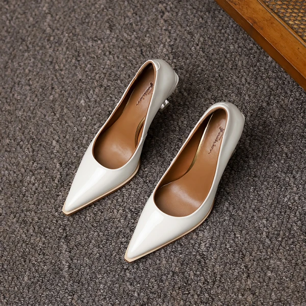 Fashion Beige Cocktail Party Pumps 2021 Leather Crystal 8 cm Stiletto Heels High Heels Pointed Toe Pumps