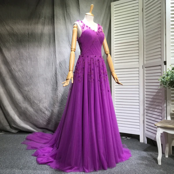 Chic / Belle Violet Robe De Soirée 2018 Princesse Perlage Perle Paillettes Appliques V-Cou Sans Manches Tribunal Train Robe De Ceremonie