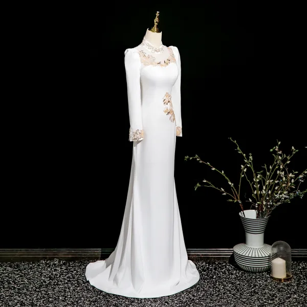 Chic / Belle Ivoire Paillettes En Dentelle Fleur Robe De Soirée 2025 Trompette / Sirène Col Haut Manches Longues Train De Balayage Soirée Robe De Ceremonie
