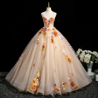 Flower Fairy Champagne Lace Flower Appliques Prom Dresses 2025 Ball Gown Spaghetti Straps Sleeveless Backless Formal Dresses