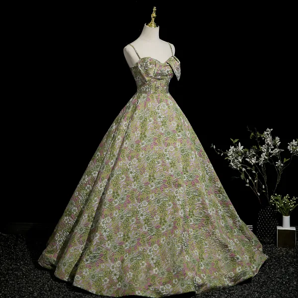 Flower Fairy Sage Green Pearl Rhinestone Lace Flower Floral Prom Dresses 2025 Ball Gown Spaghetti Straps Sleeveless Backless Floor-Length / Long Formal Dresses