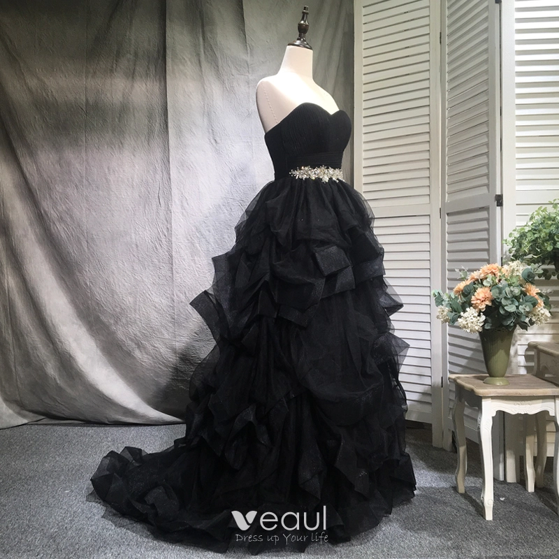 Elegant Black Prom Dresses 2018 A-Line / Princess Beading Crystal Sequins  Cascading Ruffles Off-The-Shoulder Backless Sleeveless Sweep Train Formal  Dresses