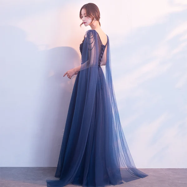 Chic / Belle Bleu Marine Robe De Soirée 2018 Princesse Perle Noeud V-Cou Dos Nu Sans Manches Watteau Train Longue Robe De Ceremonie