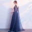 Chic / Belle Bleu Marine Robe De Soirée 2018 Princesse Perle Noeud V-Cou Dos Nu Sans Manches Watteau Train Longue Robe De Ceremonie