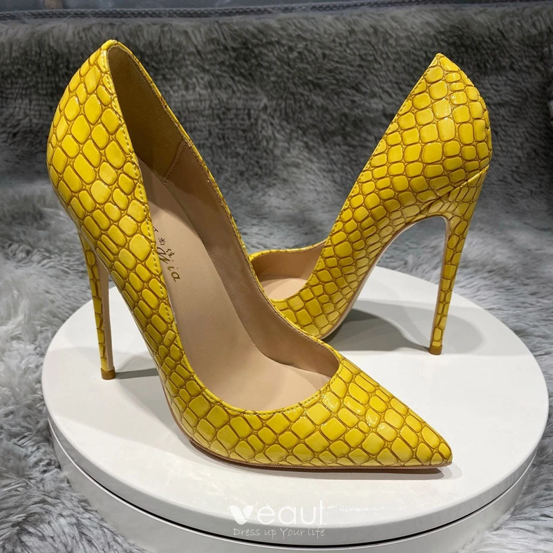 Mooie / Prachtige Gele Feest Slangenprint Pumps 2021 12 cm Naaldhakken /  Stiletto Spitse Neus Pumps Hoge Hakken