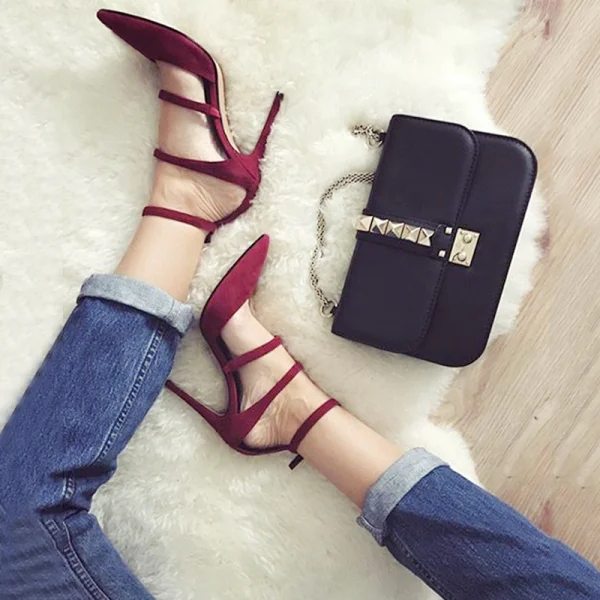 Sexy Burgundy Street Wear Suede Womens Sandals 2021 Ankle Strap 10 cm Stiletto Heels Pointed Toe Sandals High Heels