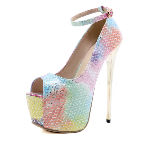 Fashion Multi-Colors Snakeskin Print Rave Club Womens Sandals 2021 Ankle Strap 16 cm Super Stiletto Heels Open / Peep Toe Sandals High Heels