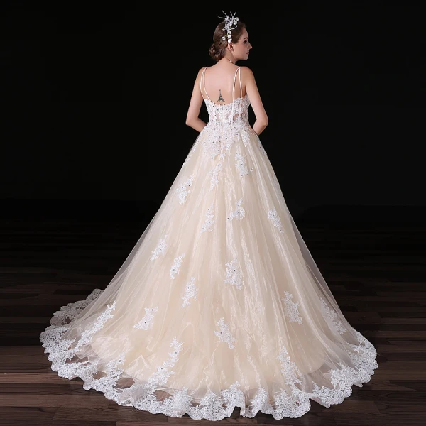 Elegant Champagne Wedding Dresses 2018 A-Line / Princess Appliques Lace Sequins Spaghetti Straps Backless Sleeveless Sweep Train Wedding