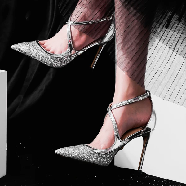 Sparkly Sexy Gold Evening Party Sequins Womens Sandals Leather 2021 X-Strap 8 cm Stiletto Heels Pointed Toe Sandals High Heels