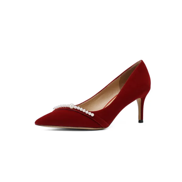 Elegant Red Pearl Suede Wedding Shoes 2021 7 cm Stiletto Heels Pointed Toe Wedding Pumps High Heels