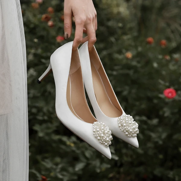 Elegant White Pearl Wedding Shoes 2021 7 cm Stiletto Heels Pointed Toe Wedding Pumps High Heels