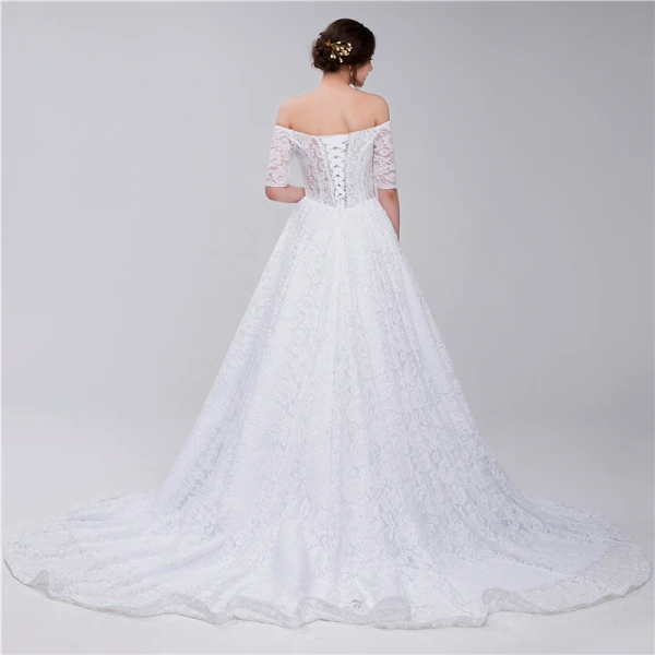Chic / Beautiful White Wedding Dresses 2018 A-Line / Princess Lace Off-The-Shoulder Backless Short Sleeve Court Train Wedding