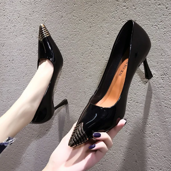 Chic / Beautiful Black Evening Party Patent Leather Pumps 2021 7 cm Stiletto Heels Pointed Toe Pumps High Heels