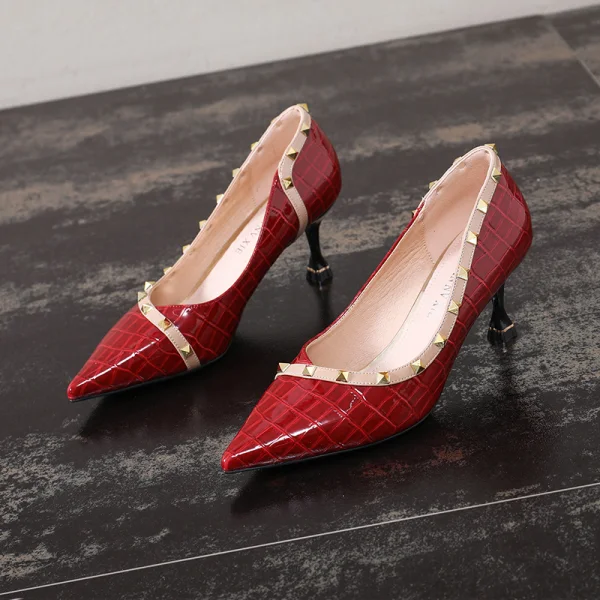 Chic / Beautiful Black Evening Party Patent Leather Rivet Pumps 2021 6 cm Stiletto Heels Pointed Toe Pumps High Heels