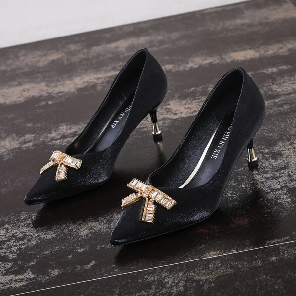 Charming Red Evening Party Suede Rhinestone Bow Pumps 2021 6 cm Stiletto Heels Pointed Toe Pumps High Heels