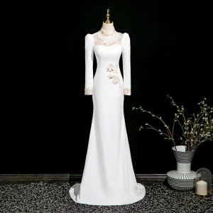 Chic Belle Ivoire Paillettes En Dentelle Fleur Robe De Soirée 2025 Trompette Sirène Col Haut Manches Longues Train De Balayage Soirée Robe De Ceremonie