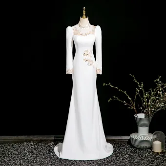 Chic Belle Ivoire Paillettes En Dentelle Fleur Robe De Soirée 2025 Trompette Sirène Col Haut Manches Longues Train De Balayage Soirée Robe De Ceremonie