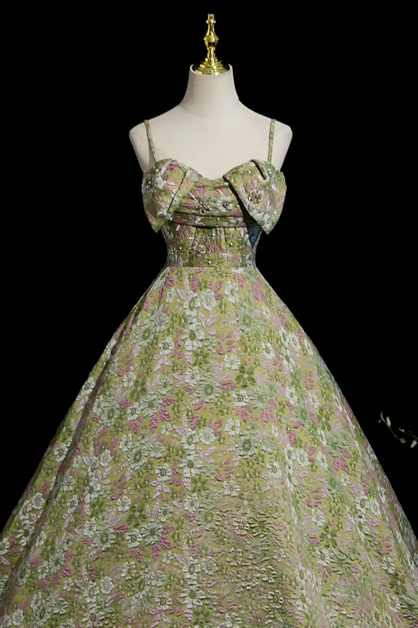 Flower Fairy Sage Green Pearl Rhinestone Lace Flower Floral Prom Dresses 2025 Ball Gown Spaghetti Straps Sleeveless Backless Floor-Length / Long Formal Dresses