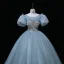 Chic / Beautiful Pool Blue Prom Dresses 2022 Ball Gown Scoop Neck Beading Puffy Short Sleeve Backless Floor-Length / Long Formal Dresses