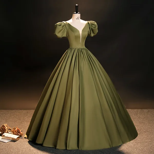 Vintage / Retro Modest / Simple Clover Green Satin Prom Dresses 2023 Ball Gown V-Neck Puffy Short Sleeve Backless Floor-Length / Long Prom Formal Dresses