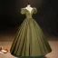 Vintage / Retro Modest / Simple Clover Green Satin Prom Dresses 2023 Ball Gown V-Neck Puffy Short Sleeve Backless Floor-Length / Long Prom Formal Dresses