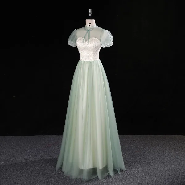 Chic / Beautiful Sage Green Sequins Prom Dresses 2023 A-Line / Princess High Neck Short Sleeve Backless Floor-Length / Long Prom Formal Dresses