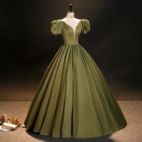 Vintage Klee Grün Satin Ballkleider 2023 Ballkleid V-Ausschnitt Geschwollenes Kurze Ärmel Rückenfreies Lange Festliche Kleider