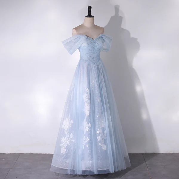 Chic / Beautiful Sky Blue Flower Glitter Sequins Prom Dresses 2024 A-Line / Princess Off-The-Shoulder Sleeveless Backless Floor-Length / Long Prom Formal Dresses