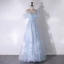 Chic / Beautiful Sky Blue Flower Glitter Sequins Prom Dresses 2024 A-Line / Princess Off-The-Shoulder Sleeveless Backless Floor-Length / Long Prom Formal Dresses
