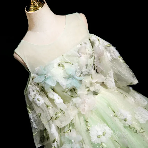Elegant Sage Green Lace Flower Appliques Prom Dresses 2025 Ball Gown Scoop Neck Short Sleeve Backless Floor-Length / Long Prom Formal Dresses