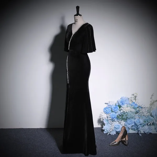 Sexy Black Solid Color Rhinestone Velvet Evening Dresses 2023 Trumpet / Mermaid V-Neck Short Sleeve Backless Floor-Length / Long Evening Party Formal Dresses