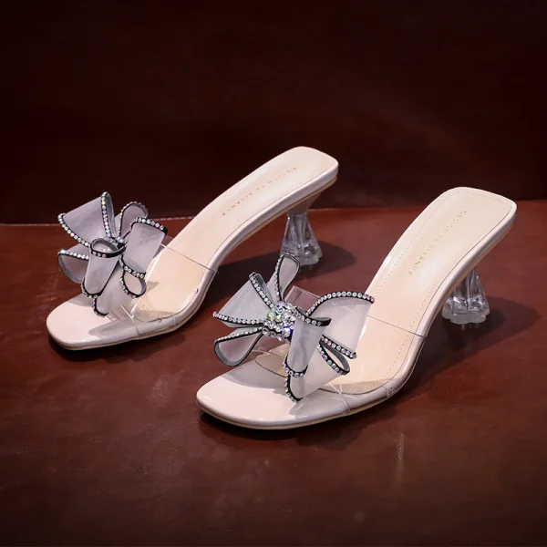 Sexy Himmelblau Freizeit Strass Schleife Pantolette & Flip-Flops 2021 6 cm Stilettos Peeptoes Sandalen Damen
