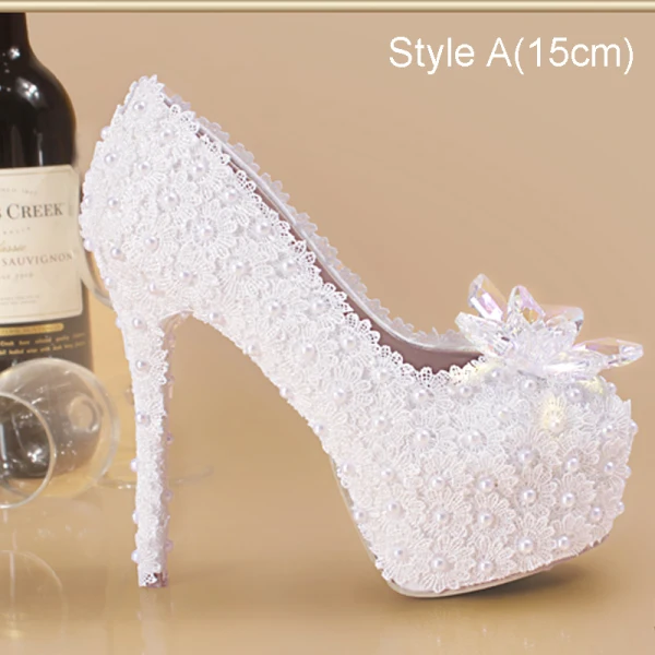 Charmant Ivoire En Dentelle Fleur Perle Cristal Chaussure De Mariée 2021 15 cm Talons Aiguilles À Bout Pointu Mariage Talons Hauts