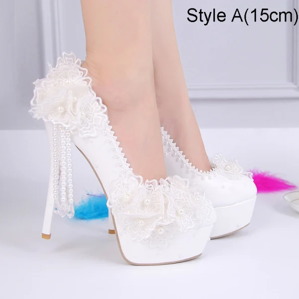 Charming Ivory Lace Flower Wedding Shoes 2021 Waterproof Pearl Tassel 15 cm Stiletto Heels Round Toe Wedding Pumps High Heels
