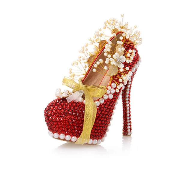 Sparkly Fashion Red Pearl Rhinestone Wedding Shoes 2021 Leather 14 cm Stiletto Heels Pointed Toe Wedding Pumps High Heels