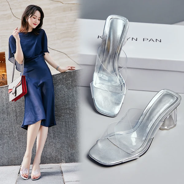 Sexy Transparentes Cocktail Sandalen Damen 2021 7 cm Kristall Thick Heels Peeptoes Sandaletten Hochhackige