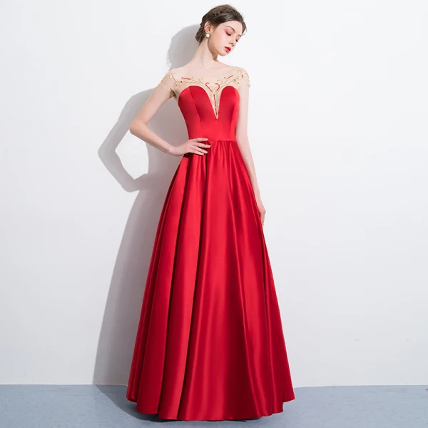 Chic / Belle Rouge Robe De Soirée 2018 Princesse Paillettes Encolure Dégagée Dos Nu Manches Courtes Longue Robe De Ceremonie