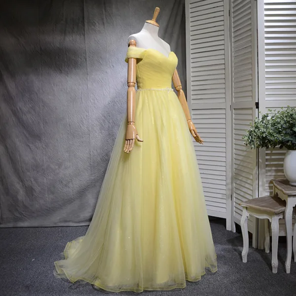 Schöne Gelb Ballkleider 2018 A Linie Pailletten Off Shoulder Rückenfreies Ärmellos Sweep / Pinsel Zug Festliche Kleider