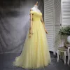 Chic / Beautiful Yellow Prom Dresses 2018 A-Line / Princess Sequins Off-The-Shoulder Backless Sleeveless Sweep Train Formal Dresses