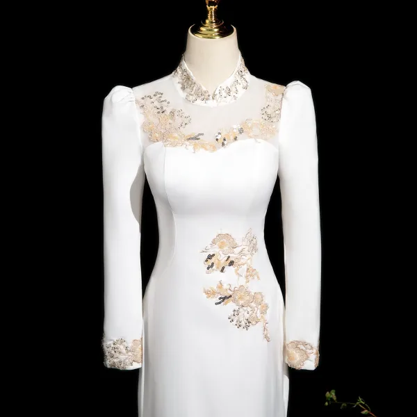 Chic / Belle Ivoire Paillettes En Dentelle Fleur Robe De Soirée 2025 Trompette / Sirène Col Haut Manches Longues Train De Balayage Soirée Robe De Ceremonie