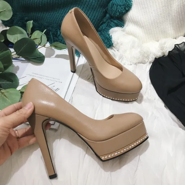 Chic / Beautiful White Evening Party Rhinestone Pumps 2021 Leather 12 cm Stiletto Heels Waterproof Pointed Toe Pumps High Heels