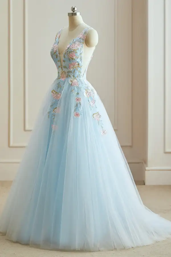 Flower Fairy Sky Blue 3D Lace Prom Dresses 2024 Crossed Straps Floor-Length / Long V-Neck Dancing Sleeveless A-Line / Princess Formal Dresses
