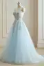 Flower Fairy Sky Blue 3D Lace Prom Dresses 2024 Crossed Straps Floor-Length / Long V-Neck Dancing Sleeveless A-Line / Princess Formal Dresses