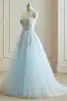 Flower Fairy Sky Blue 3D Lace Prom Dresses 2024 Crossed Straps Floor-Length / Long V-Neck Dancing Sleeveless A-Line / Princess Formal Dresses