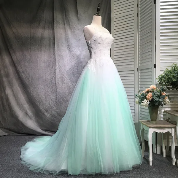 Chic / Beautiful Gradient-Color Prom Dresses 2018 Ball Gown Beading Appliques Lace Scoop Neck Backless Sleeveless Floor-Length / Long Formal Dresses