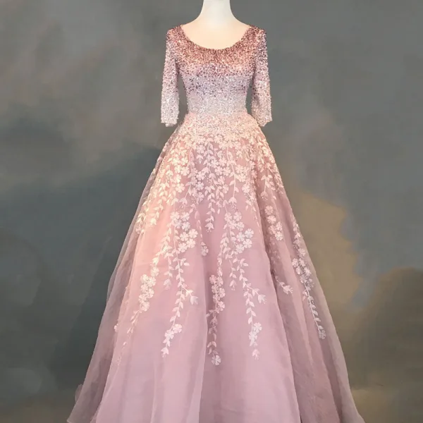 Chic / Beautiful Blushing Pink Prom Dresses 2018 Ball Gown Appliques Lace Handmade Beading Crystal Sequins Scoop Neck 3/4 Sleeve Sweep Train Formal Dresses