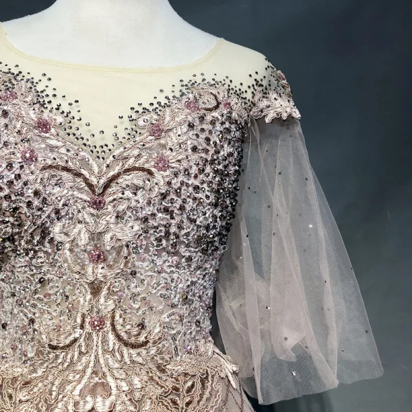 Luxe Perle Rose Robe De Soirée 2018 Princesse Appliques En Dentelle Perlage Cristal Faux Diamant Paillettes Encolure Dégagée Dos Nu 1/2 Manches Longue Robe De Ceremonie