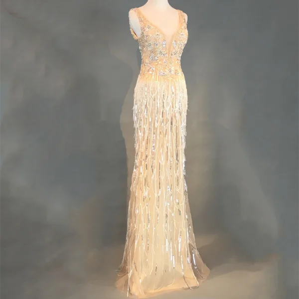 Luxury / Gorgeous Champagne Evening Dresses 2018 Trumpet / Mermaid Beading Tassel U-Neck Backless Sleeveless Floor-Length / Long Formal Dresses