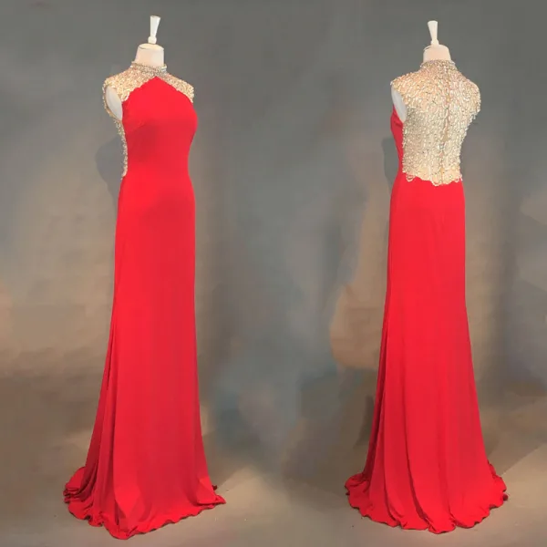 Luxury / Gorgeous Black Evening Dresses 2018 Trumpet / Mermaid Pierced Beading Crystal Rhinestone Sequins High Neck Sleeveless Floor-Length / Long Formal Dresses