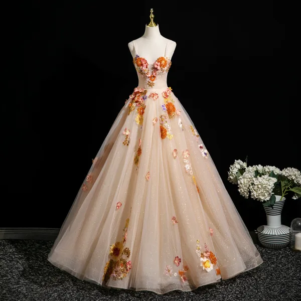 Flower Fairy Champagne Lace Flower Appliques Prom Dresses 2025 Ball Gown Spaghetti Straps Sleeveless Backless Formal Dresses